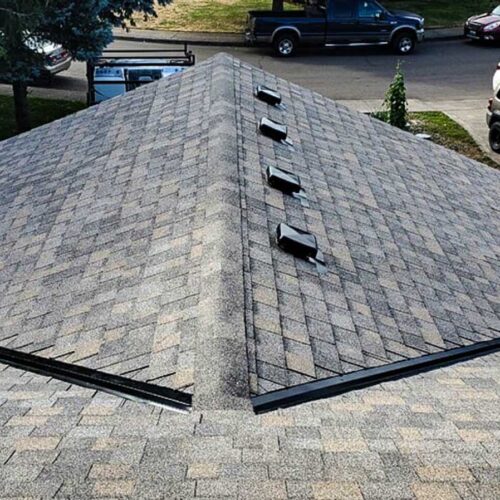 Dark shingled roof with 4 sky lights