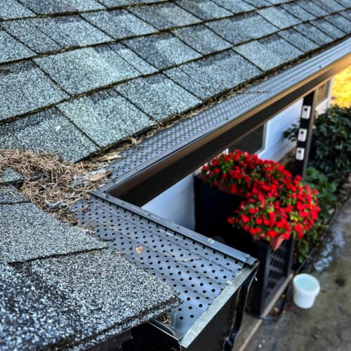 Metal gutter below new dark colored roof shingles