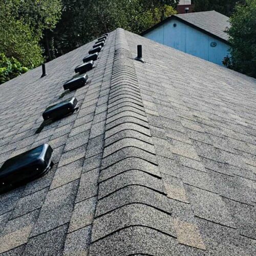 Lightly colored shingled roof with multiple sky lights