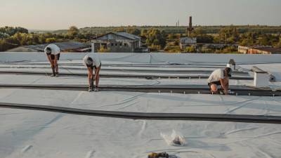 Professional roofers repairing a commercial roof top